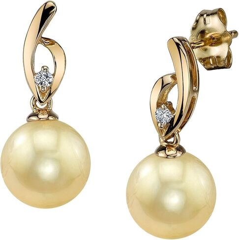 THE PEARL SOURCE 14K Gold Round Genuine Golden South Sea Cultured Pearl & Diamond Lois Earrings for Women in Kuwait