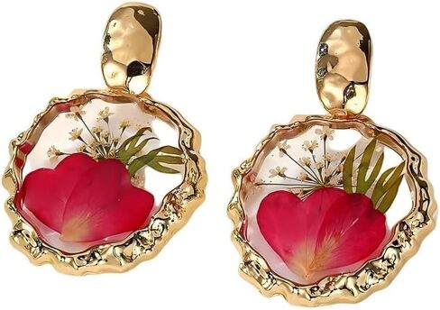 Real Pressed Flower Dangle Earrings for Women, Handmade Boho Chic Floral Jewelry, Gold Tone Earrings Unique Pretty Valentine’s & Mother’s Day Gift for Women Girls Best Friend in Kuwait