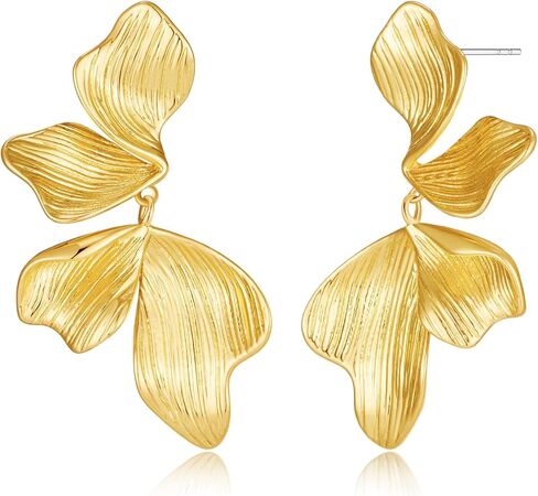 Chunky Flower Earrings for Women 14K Gold Plated Drop Dangle Sectored Leaf Floral Gold Stud Earring Boho Lightweight Statement Jewelry Gifts in Kuwait