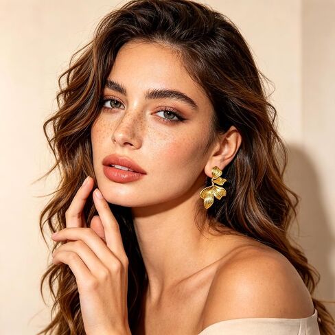 Chunky Flower Earrings for Women 14K Gold Plated Drop Dangle Sectored Leaf Floral Gold Stud Earring Boho Lightweight Statement Jewelry Gifts in Kuwait
