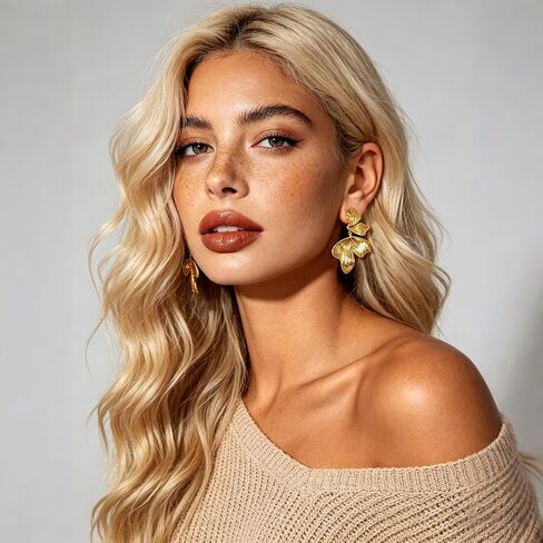 Chunky Flower Earrings for Women 14K Gold Plated Drop Dangle Sectored Leaf Floral Gold Stud Earring Boho Lightweight Statement Jewelry Gifts in Kuwait