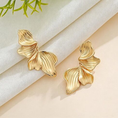 Chunky Flower Earrings for Women 14K Gold Plated Drop Dangle Sectored Leaf Floral Gold Stud Earring Boho Lightweight Statement Jewelry Gifts in Kuwait