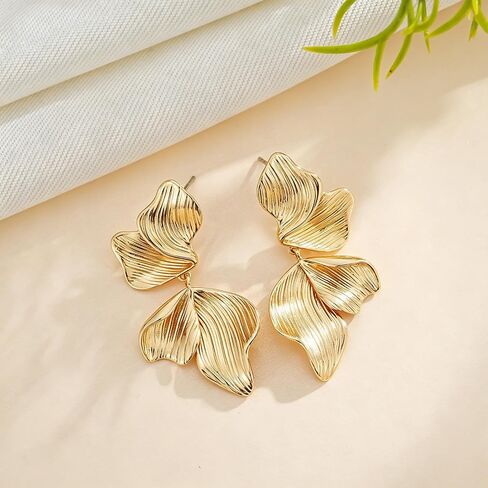 Chunky Flower Earrings for Women 14K Gold Plated Drop Dangle Sectored Leaf Floral Gold Stud Earring Boho Lightweight Statement Jewelry Gifts in Kuwait