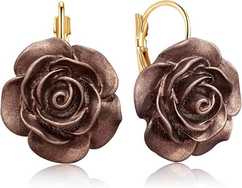 Sparkly Vintage Resin Rose Flower Camellia Leverback Dangle Drop Earrings for Women Lover in Saudi Arabia