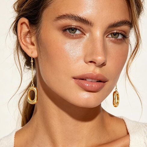 14K Gold Plated Chunky Dangle Hoop Earrings for Women Trendy Geometric Oval Drop Earrings Thick Gold Huggie Hoops Hypoallergenic Jewelry Gift in Kuwait