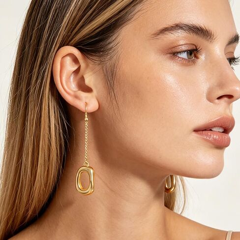 14K Gold Plated Chunky Dangle Hoop Earrings for Women Trendy Geometric Oval Drop Earrings Thick Gold Huggie Hoops Hypoallergenic Jewelry Gift in Kuwait