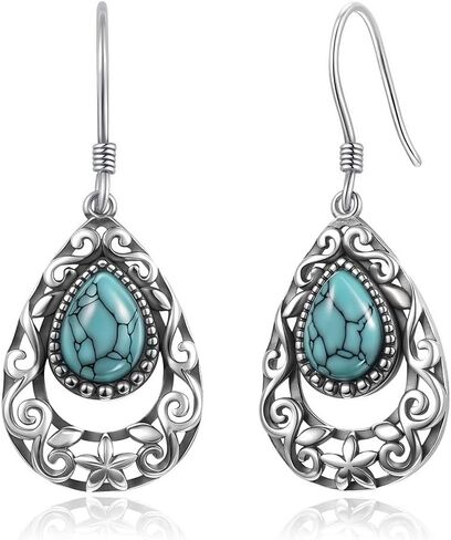 Turquoise Earrings for Women, 925 Sterling Silver Natural Stone Drop Dangle Earrings, Vintage Boho Western Celtic Inspired Jewelry for Daily Wear Birthday Anniversary Mother’s Day Gifts for Mom Wife Girlfriend in Saudi Arabia
