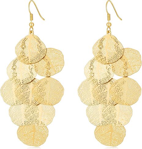 Gold Dangle Earrings for Women, 14K Gold Plated Boho Statement Chandelier Earrings, Lightweight Layered Filigree Leaf Long Drop Bohemian Jewelry in Saudi Arabia
