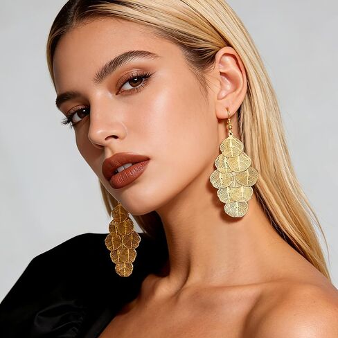 Gold Dangle Earrings for Women, 14K Gold Plated Boho Statement Chandelier Earrings, Lightweight Layered Filigree Leaf Long Drop Bohemian Jewelry in Saudi Arabia