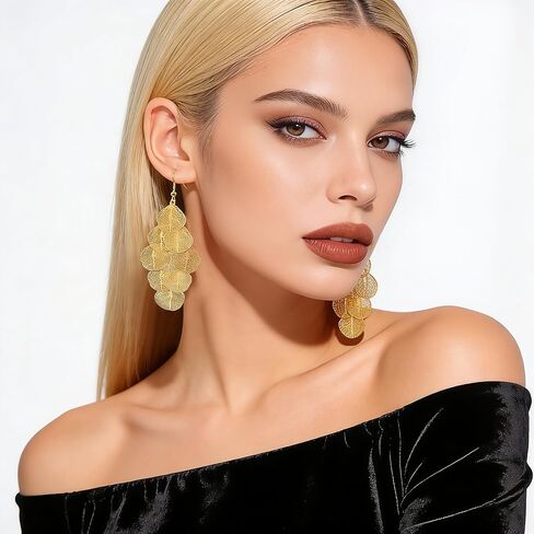 Gold Dangle Earrings for Women, 14K Gold Plated Boho Statement Chandelier Earrings, Lightweight Layered Filigree Leaf Long Drop Bohemian Jewelry in Saudi Arabia