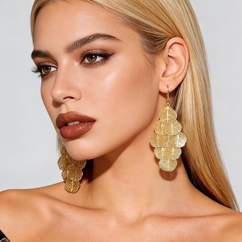 Gold Dangle Earrings for Women, 14K Gold Plated Boho Statement Chandelier Earrings, Lightweight Layered Filigree Leaf Long Drop Bohemian Jewelry in Saudi Arabia