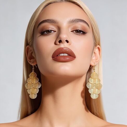 Gold Dangle Earrings for Women, 14K Gold Plated Boho Statement Chandelier Earrings, Lightweight Layered Filigree Leaf Long Drop Bohemian Jewelry in Saudi Arabia