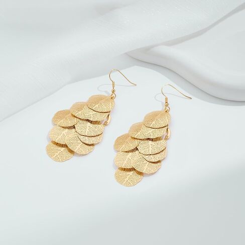 Gold Dangle Earrings for Women, 14K Gold Plated Boho Statement Chandelier Earrings, Lightweight Layered Filigree Leaf Long Drop Bohemian Jewelry in Saudi Arabia