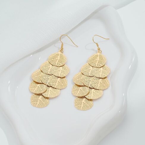 Gold Dangle Earrings for Women, 14K Gold Plated Boho Statement Chandelier Earrings, Lightweight Layered Filigree Leaf Long Drop Bohemian Jewelry in Saudi Arabia