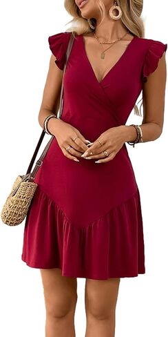Women's Elegant Deep V Neck Business Cute Ruffle Sleeve Ruffle Hem Boho Casual Party Club A Line Mini Dresses DJ-543 in Kuwait