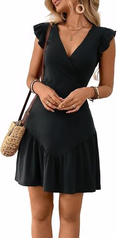 Women's Elegant Deep V Neck Business Cute Ruffle Sleeve Ruffle Hem Boho Casual Party Club A Line Mini Dresses DJ-543 in Kuwait