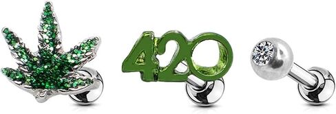 Pierce2GO Stud Earrings Stainless Steel Ear Studs with 4/20 Symbol, Green Pot Leaf – Surgical Steel Earrings Studs for Women and Men – Cartilage Stud Earrings Set of 3 in Kuwait