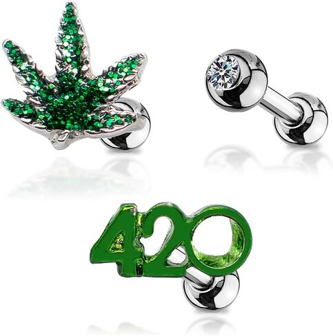 Pierce2GO Stud Earrings Stainless Steel Ear Studs with 4/20 Symbol, Green Pot Leaf – Surgical Steel Earrings Studs for Women and Men – Cartilage Stud Earrings Set of 3 in Kuwait