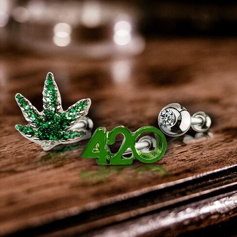 Pierce2GO Stud Earrings Stainless Steel Ear Studs with 4/20 Symbol, Green Pot Leaf – Surgical Steel Earrings Studs for Women and Men – Cartilage Stud Earrings Set of 3 in Kuwait