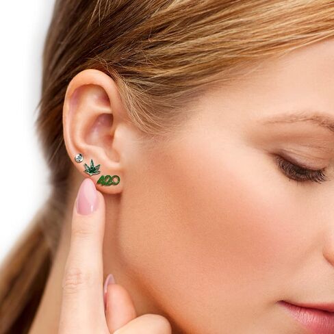 Pierce2GO Stud Earrings Stainless Steel Ear Studs with 4/20 Symbol, Green Pot Leaf – Surgical Steel Earrings Studs for Women and Men – Cartilage Stud Earrings Set of 3 in Kuwait