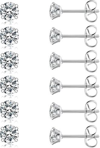 3 Pairs Hypoallergenic Stud Earrings for Women Men, 316L Stainless Steel CZ Earrings, 4mm Cubic Zirconia Studs, Classic Steel Color Earrings Set for Daily Wear in Kuwait