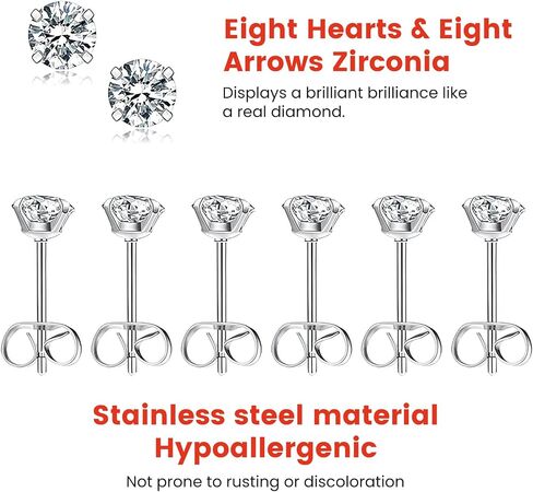 3 Pairs Hypoallergenic Stud Earrings for Women Men, 316L Stainless Steel CZ Earrings, 4mm Cubic Zirconia Studs, Classic Steel Color Earrings Set for Daily Wear in Kuwait