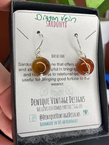 Dragon Vein Sardonyx 10mm Dangly Swirl Drop Earrings in Custom Wire Wrapping Steel, Copper, Bronze, Black Iron, Titanium, Sterling Silver, 14K Gold, Rose Gold, or Black Niobium Wire (Handmade), August Birthstone in Saudi Arabia
