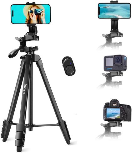Phone Tripod, Lusweimi 67-inch Horizontal Tripod Stand with 360° Adjustable Ball Head and Wireless Remote for Camera/iPhone/Webcam, Tripod for Video Recording with Extended Arm/Clip Mount/Carry Bag in Kuwait