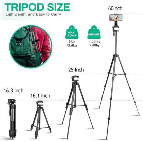 Phone Tripod, Lusweimi 67-inch Horizontal Tripod Stand with 360° Adjustable Ball Head and Wireless Remote for Camera/iPhone/Webcam, Tripod for Video Recording with Extended Arm/Clip Mount/Carry Bag in Kuwait
