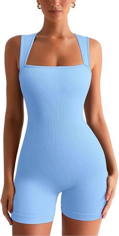 ZileZile Women’s Yoga Jumpsuit Seamless Ribbed Square Neck Sleeveless Workout Romper Shorts Fitted in Saudi Arabia
