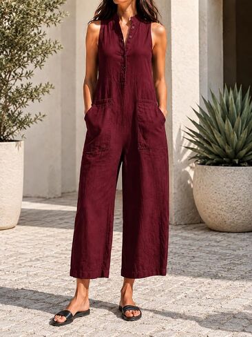 Women's Sleeveless Button Down Jumpsuit with Pockets, Cropped Straight Leg Wide Leg Rompers For Casual Summer Vacation Daily in Kuwait