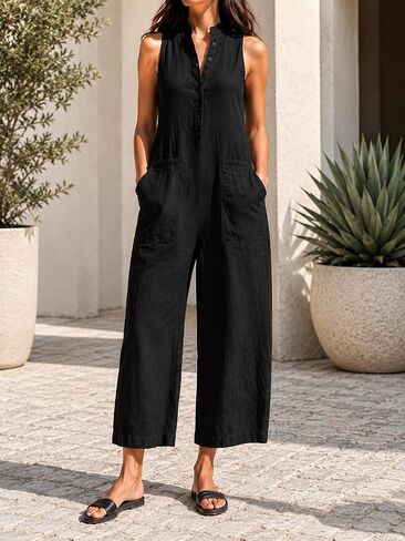 Women's Sleeveless Button Down Jumpsuit with Pockets, Cropped Straight Leg Wide Leg Rompers For Casual Summer Vacation Daily in Kuwait