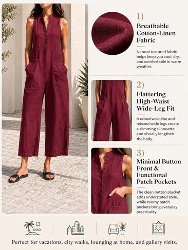 Women's Sleeveless Button Down Jumpsuit with Pockets, Cropped Straight Leg Wide Leg Rompers For Casual Summer Vacation Daily in Kuwait