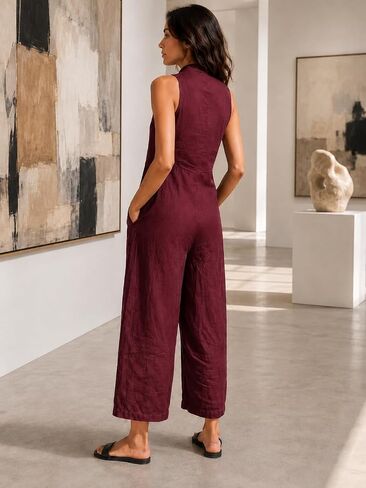 Women's Sleeveless Button Down Jumpsuit with Pockets, Cropped Straight Leg Wide Leg Rompers For Casual Summer Vacation Daily in Kuwait