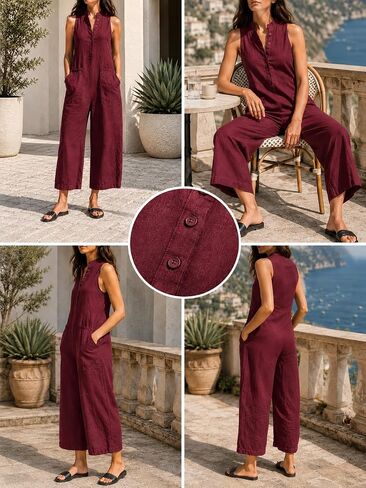 Women's Sleeveless Button Down Jumpsuit with Pockets, Cropped Straight Leg Wide Leg Rompers For Casual Summer Vacation Daily in Kuwait