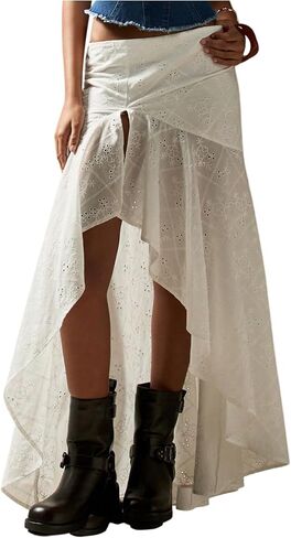 MakeMeChic Women's Ruffle Maxi Skirts Low Waist Asymmetrical Eyelet High Low Western Long Skirts in Kuwait