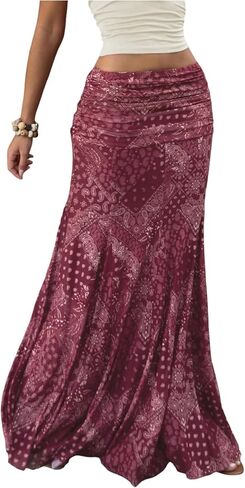 SHENHE Women's Boho Paisley Print Mesh Maxi Skirt Ruched Low Rise Fishtail Vacation Skirts in Kuwait