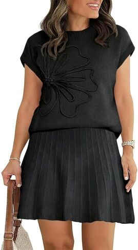Womens 2 Piece Skirt Sets 2026 Flower Knit Short Sleeve Crewneck Tops Pleated Mini Skirt Outfits in Saudi Arabia