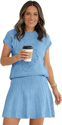 Womens 2 Piece Skirt Sets 2026 Flower Knit Short Sleeve Crewneck Tops Pleated Mini Skirt Outfits in Saudi Arabia