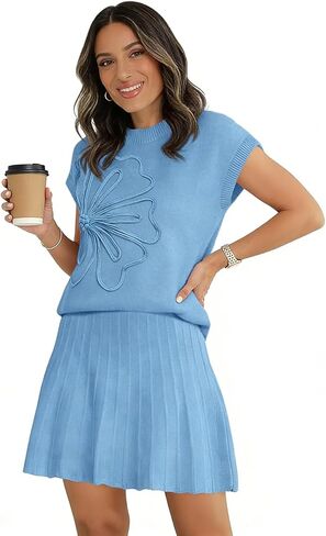 Womens 2 Piece Skirt Sets 2026 Flower Knit Short Sleeve Crewneck Tops Pleated Mini Skirt Outfits in Saudi Arabia