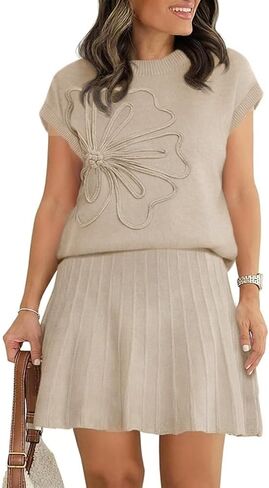 Womens 2 Piece Skirt Sets 2026 Flower Knit Short Sleeve Crewneck Tops Pleated Mini Skirt Outfits in Saudi Arabia
