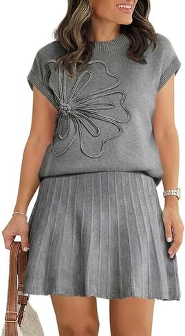 Womens 2 Piece Skirt Sets 2026 Flower Knit Short Sleeve Crewneck Tops Pleated Mini Skirt Outfits in Saudi Arabia