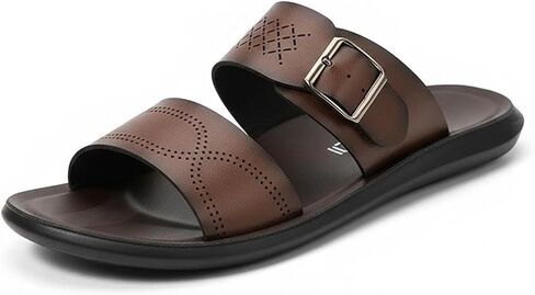 Men's Leather Flat Slide Sandals Open Toe Casual Non-slip Summer Slippers for Beach, Pool, Everyday Wear Comfortable Lightweight Outdoor Footwear in Kuwait
