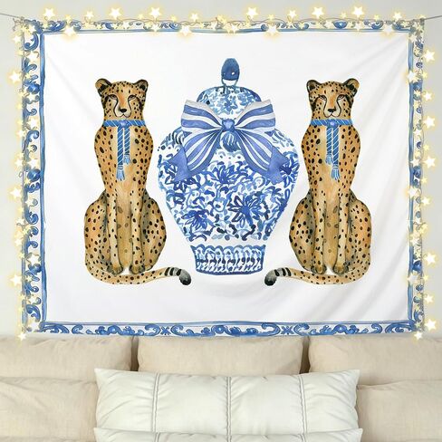 KBRCT Coquette Blue Bow Chinoiserie Leopard Tapestry, Leopard Wall Tapestry for Bedroom, Blue and White Grandmillennial Cheetah Wild Animal Wall Hanging Decor for Home Bedroom Living Room, 50x60 Inch in Saudi Arabia