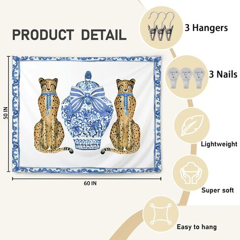 KBRCT Coquette Blue Bow Chinoiserie Leopard Tapestry, Leopard Wall Tapestry for Bedroom, Blue and White Grandmillennial Cheetah Wild Animal Wall Hanging Decor for Home Bedroom Living Room, 50x60 Inch in Saudi Arabia