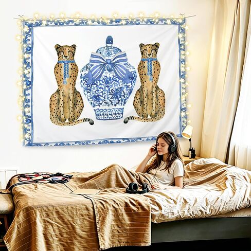 KBRCT Coquette Blue Bow Chinoiserie Leopard Tapestry, Leopard Wall Tapestry for Bedroom, Blue and White Grandmillennial Cheetah Wild Animal Wall Hanging Decor for Home Bedroom Living Room, 50x60 Inch in Saudi Arabia