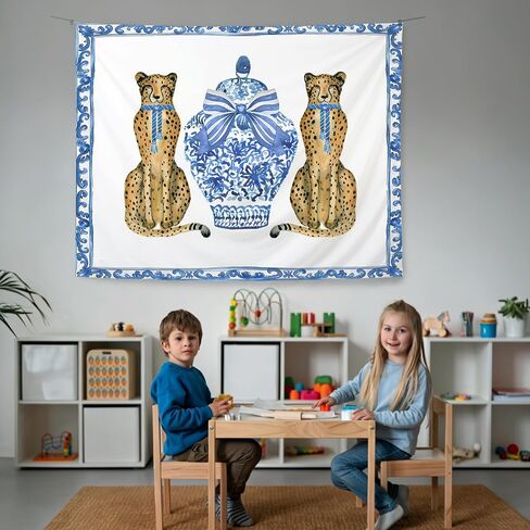 KBRCT Coquette Blue Bow Chinoiserie Leopard Tapestry, Leopard Wall Tapestry for Bedroom, Blue and White Grandmillennial Cheetah Wild Animal Wall Hanging Decor for Home Bedroom Living Room, 50x60 Inch in Saudi Arabia