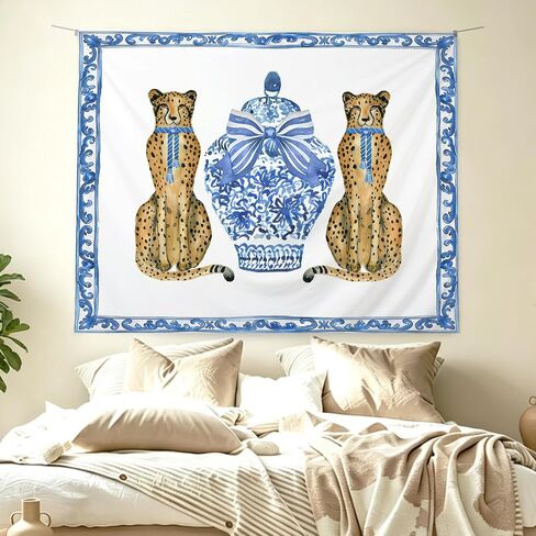 KBRCT Coquette Blue Bow Chinoiserie Leopard Tapestry, Leopard Wall Tapestry for Bedroom, Blue and White Grandmillennial Cheetah Wild Animal Wall Hanging Decor for Home Bedroom Living Room, 50x60 Inch in Saudi Arabia