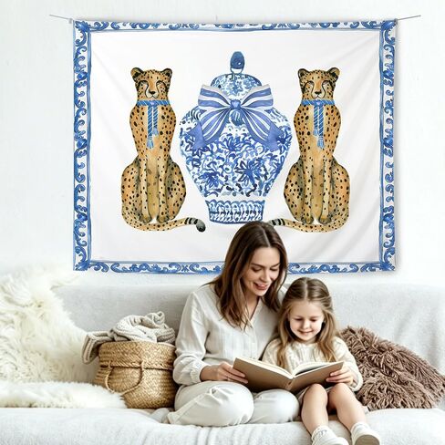 KBRCT Coquette Blue Bow Chinoiserie Leopard Tapestry, Leopard Wall Tapestry for Bedroom, Blue and White Grandmillennial Cheetah Wild Animal Wall Hanging Decor for Home Bedroom Living Room, 50x60 Inch in Saudi Arabia