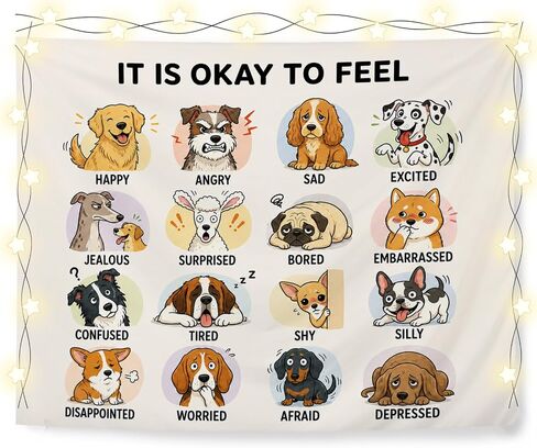 Elpwk Dog Feelings Emotions Mental Health Tapestry Wall Decor 50x60 Inch | SEL Classroom Tapestry, Mental Health Awareness Tapestries Wall Blanket for Therapy Counselor Calming Office Decor in Saudi Arabia